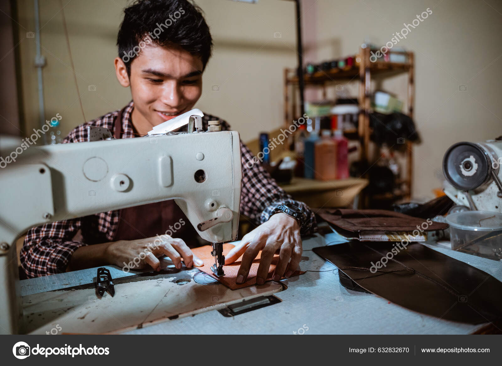 Asian Man Tailor Sewing Leather Using Sewing Machine Clothes Shop