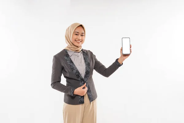 Beautiful Woman Hijab Gray Blazzer Standing One Hand Her Blazzer — Stock fotografie