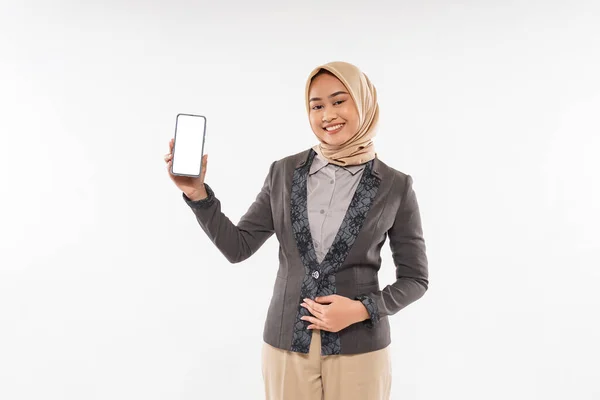 Beautiful Woman Hijab Gray Blazzer Standing Smile While Raising Showing — Stock fotografie