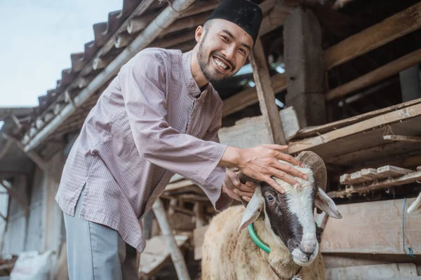 a moslem man with skullcap standing with smile and stroking the goats head that standing next to him