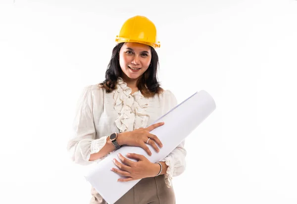 Female Architect Hardhat Standing Blueprint Her Hand Isolated Background — Stock Photo, Image