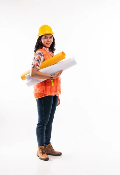 Female Architect Safety Waistcoat Standing Bring Paperworks Her Hand Isolated — Stock Photo, Image