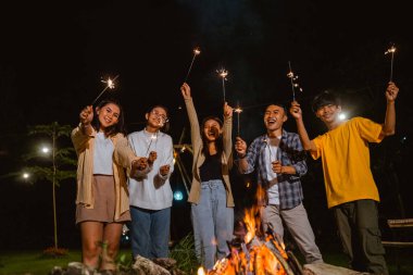a group of people raise their fireworks and smiling while playing with fireworks around the bonfire at the camp site