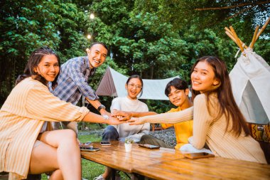 a group of people high fived and smiling together while hangout at the camp site