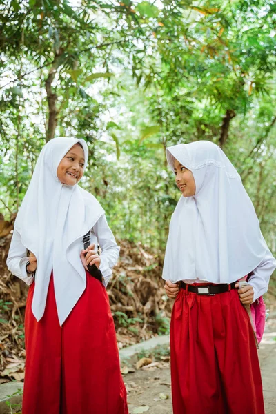 Två Kvinnliga Grundskoleelever Som Går Tillsammans Genom Landsvägen Och Ler — Stockfoto