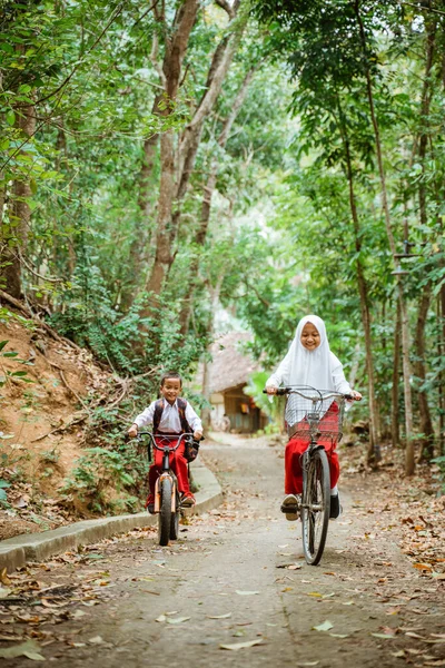 Chłopiec Dziewczyna Mundurze Szkoły Podstawowej Jazdy Rowerze Szczęśliwie Drodze Kraju — Zdjęcie stockowe