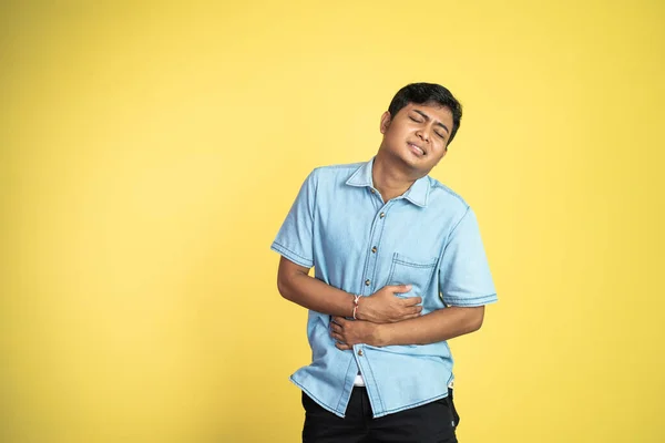 Portrait Young Asian Man Stand Stomach Ache Isolated Background — Stock Photo, Image