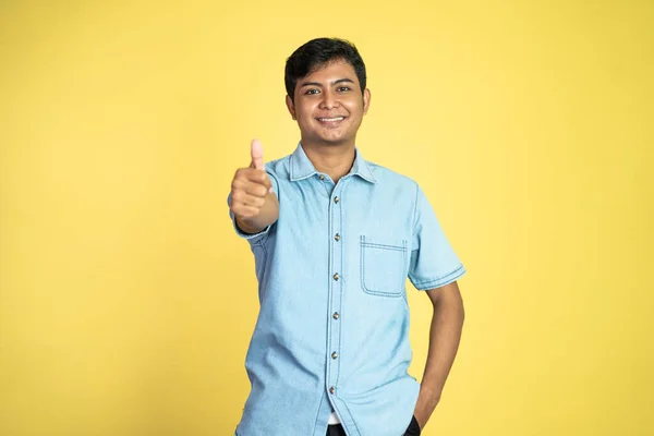 Portrait Successful Asian Man Stand Thumbs Isolated Background — Stock Photo, Image