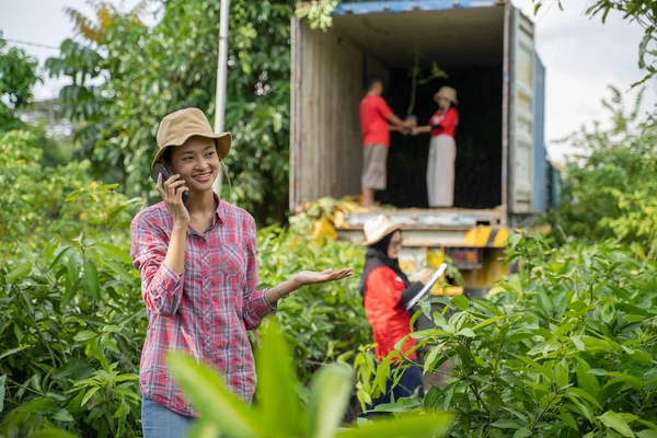 Farmářka Nosí Klobouk Mobilním Telefonem Rukou Nabízí Něco Sazenice — Stock fotografie