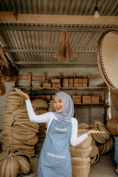 Happy Excited Young Muslim Woman Standing Front Her Workshop — Stock Photo, Image