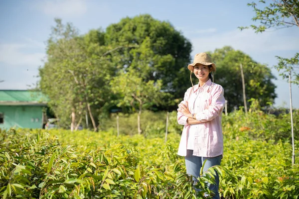 Mujer Agricultora Inteligente Sombrero Con Las Manos Cruzadas Pie Medio — Foto de Stock