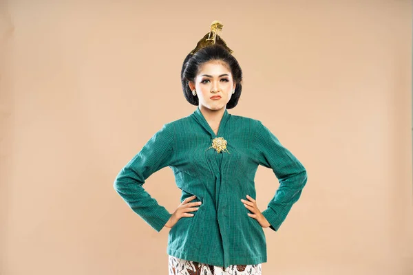 Javanese Woman Green Kebaya Standing Sullen Face Put Her Hands — Stock Photo, Image