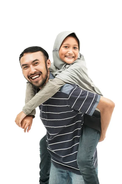 Happy Excited Young Father Carry Her Daughter Piggyback Ride — Stock Photo, Image