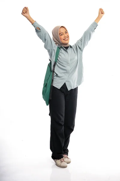 Smiling Asian Muslim Student Raises Hand Backpack Isolated Background — Stock Photo, Image