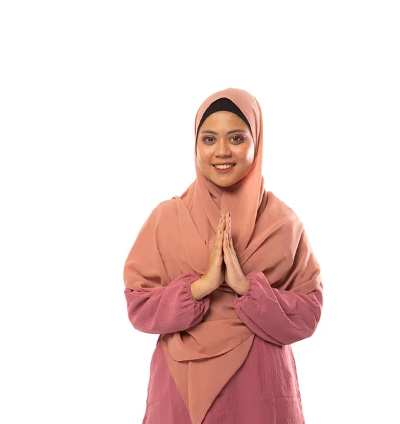 Portrait Belle Femme Asiatique Hijab Debout Avec Geste Main Saluant — Photo