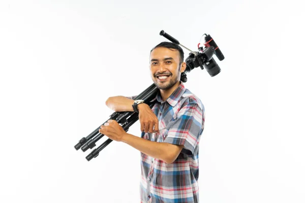 Cameraman Plaid Shirt Carrying One Set Camera His Shoulder Smiling — Stock Photo, Image