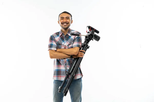 Cameraman Plaid Shirt Standing Hand Crossed Bring One Set Camera — Stock Photo, Image