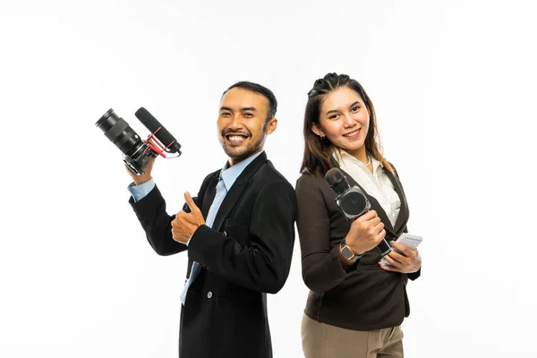 Male Journalist Standing Thumb Bring Camera His Right Hand Beautiful — Stock Photo, Image