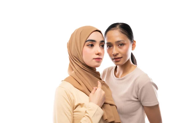 Women Hijab Hijab Wearing Cream Shirt Posing White Background — Stock Photo, Image