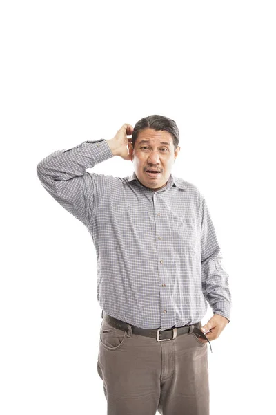 Old Asian Man Touching His Hair Confused Face Thinking Clueless — Stock Photo, Image