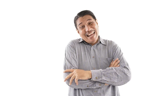 Gammal Asiatisk Man Känner Sig Lycklig Med Armen Korsad Vit — Stockfoto