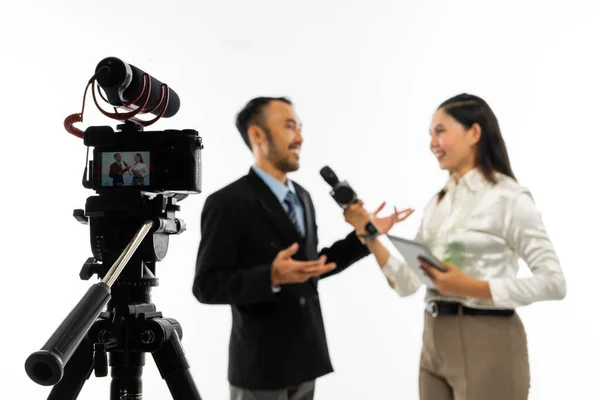 One Set Standing Camera Recording Beautiful Journalist White Blouse Interviewing — Stock Photo, Image