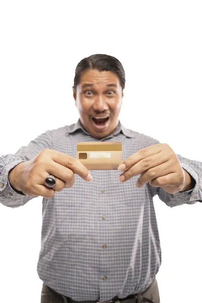 Old Asian Man Wearing Shirt Ring Holding His Credit Card — Stock Photo, Image