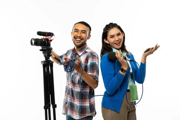 Female Reporter Blue Shirt Blue Cardigan Standing Hand Opened Smiling — Stock Photo, Image