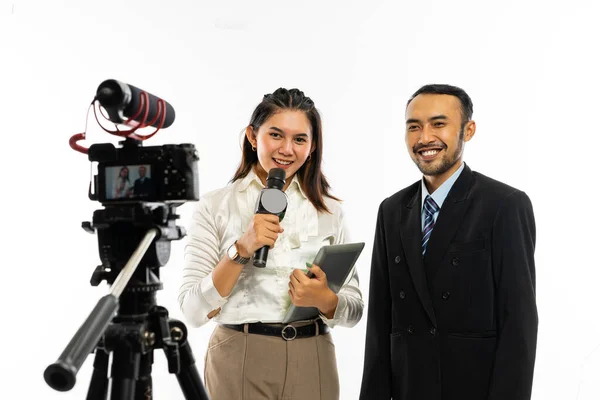 Female Journalist White Blouse Talking Camera Using Black Microphone Interviewing — Stock Photo, Image