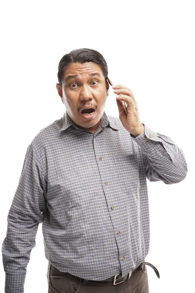 Potrait Old Asian Man Shocked Hearing Bad News While Talking — Fotografia de Stock