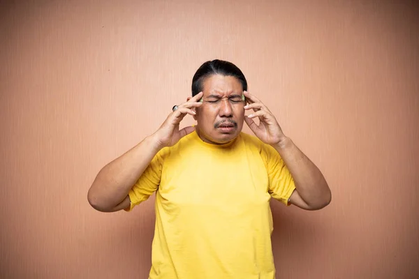 Asian Old Man Feeling Headache Migraine Clenching Head Gesture — Stock Photo, Image