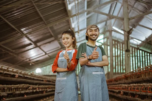 Pasangan Pengusaha Tersenyum Mengenakan Celemek Dengan Jempol Berdiri Peternakan Ayam — Stok Foto