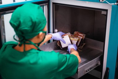 Üniforma ve lastik eldiven giyen erkek hastane çalışanı kan torbasını depoda tutuyor.