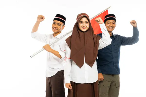 Three Islamic Student Ribbon Head Standing Clenched Arm — Stock Photo, Image