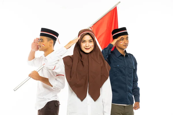 Three Islamic Students Standing Salutation Smiling One Them Bring Indonesian — Stock Photo, Image