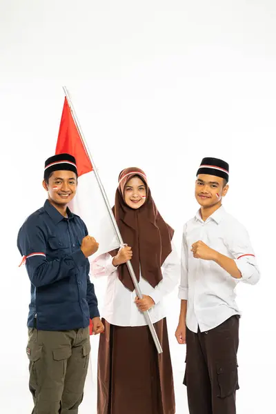Beautiful Islamic Student White Shirt Brown Veil Indonesian Flag Her — Stock Photo, Image