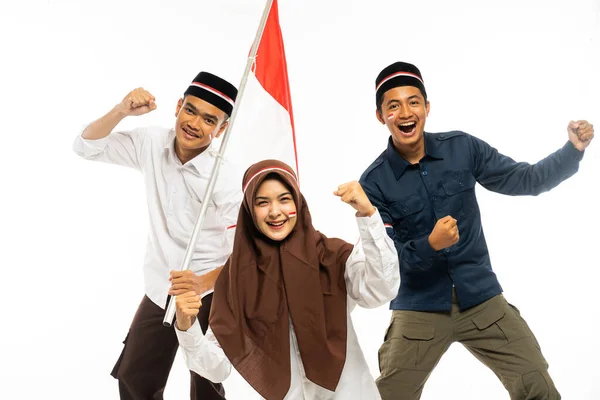 Male Islamic Student White Shirt Standing Bring Indonesian Flag His — Stock Photo, Image