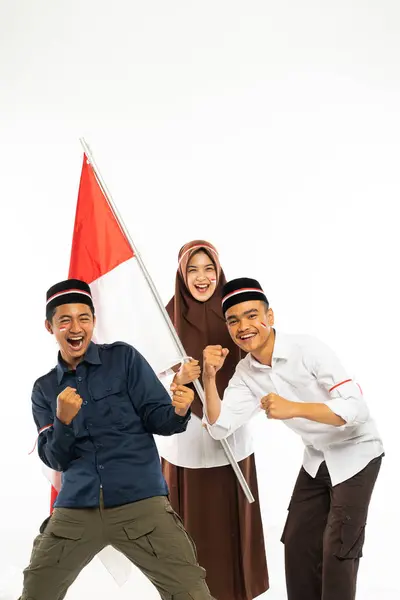 Female Islamic Student Brown Veil Standing Bring Indonesian Flag Her — Stock Photo, Image