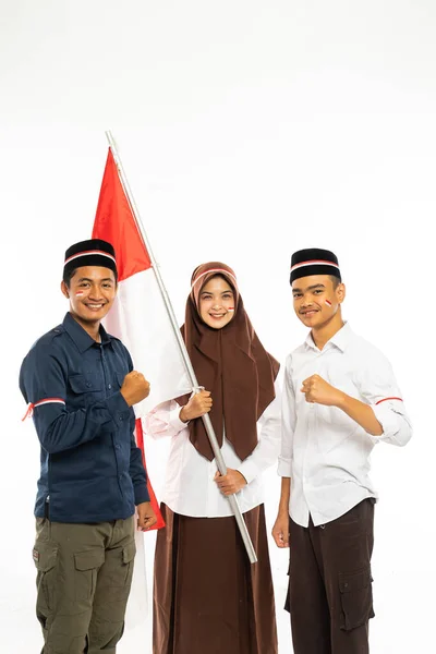 Female Islamic Student White Shirt Brown Veil Indonesian Flag Her — Stock Photo, Image