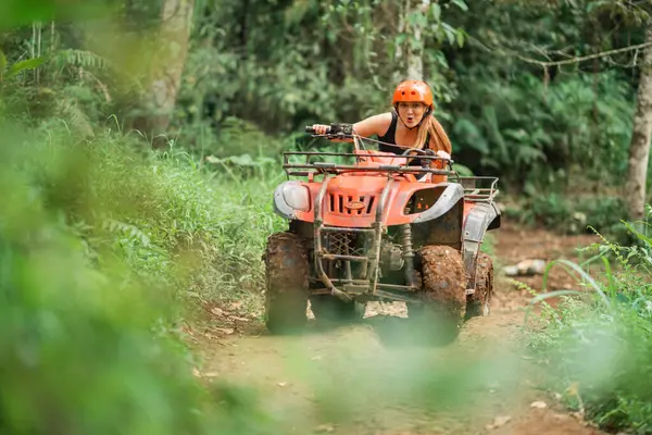 Asian Woman Riding Atv Excitedly Atv Arena Spending Her Holiday Stock Picture