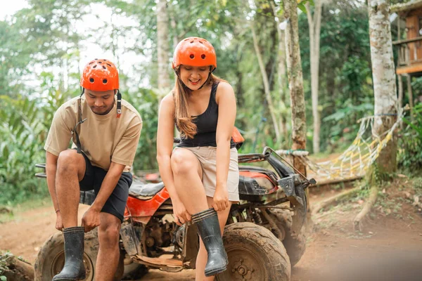 Happy Asian Couple Wearing Boots Part Savety Equipment Riding Atv Royalty Free Stock Photos