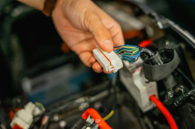 Erkek eli elektrikli araç kablosunu tutuyor.