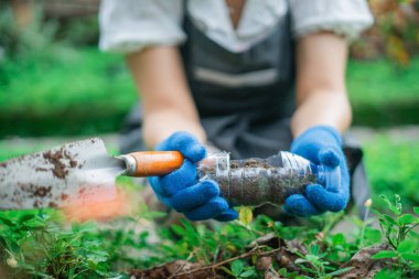 Bahçeye dikmek için plastik şişenin geri dönüşüm görüntüsü, seçici odaklanma