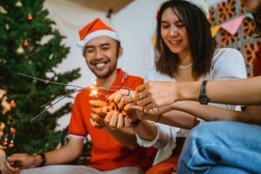 Arkadaşlar maytaplı ve süslü Noel ağacıyla şenlikli bir toplantının keyfini çıkarıyorlar.