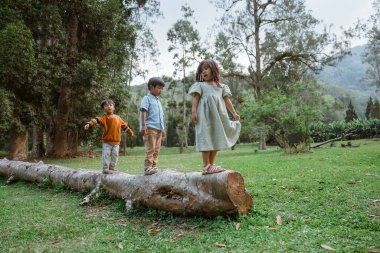 Doğanın tadını çıkaran neşeli çocuklar, yemyeşil bir arazide düşen bir kütükte dengede duruyorlar..