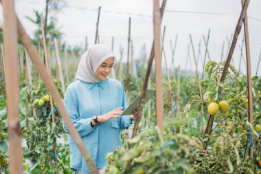 Güzel mavi bir elbise giymiş genç bir kadın canlı bir bahçede bitkilerle sevgiyle ilgileniyor.