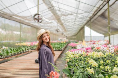 Bir kadın, parlak bir seranın içindeki çeşitli çiçeklerin çarpıcı güzelliğinden zevk alır.