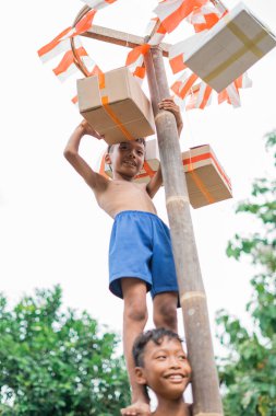 Erkek çocuk, betel ceviz tırmanışı yarışmasında arkadaşlarının omuzlarında asılı duruyor.