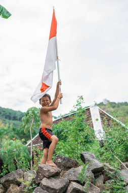 Kırmızı ve beyaz bir bayrak taşıyan üstsüz çocuk Endonezya 'nın bağımsızlığını kutluyor.