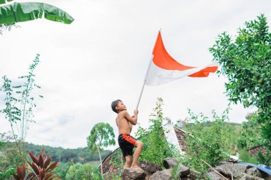 Üstsüz çocuk beyaz gökyüzü arka planına karşı Endonezya bayrağını kaldırıyor.